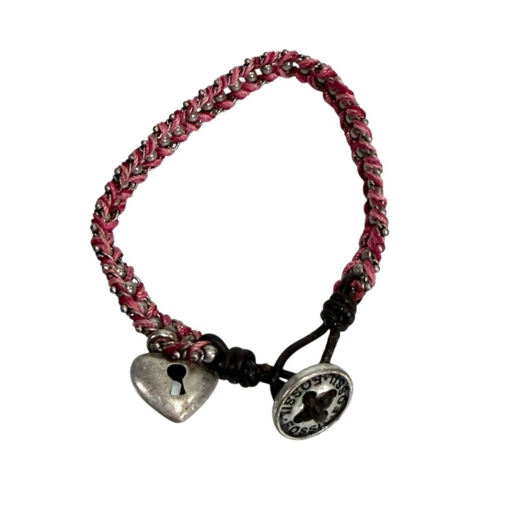 Fossil Bracelet Heart Charm Pink Silver Tone